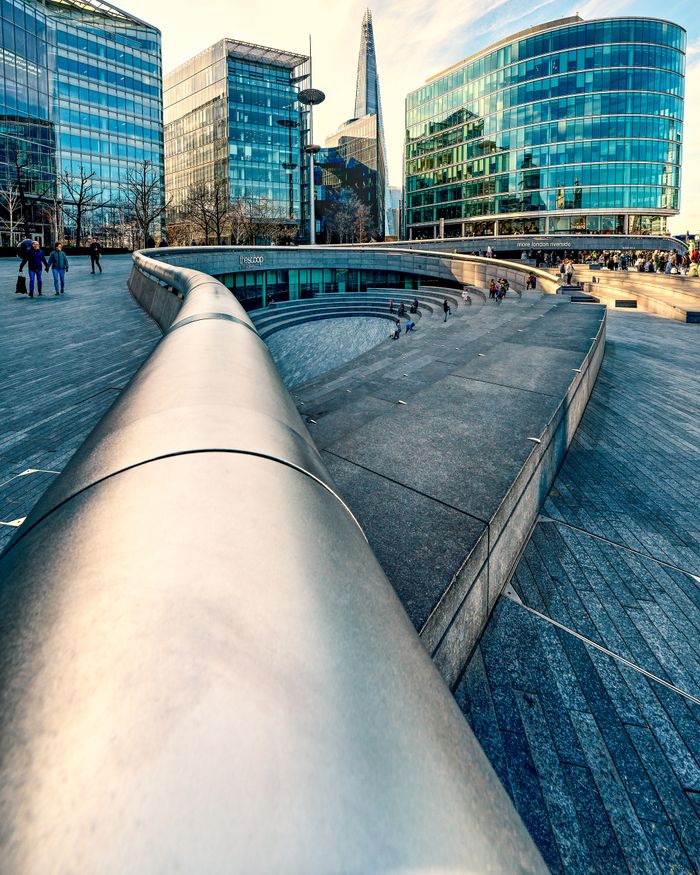 View of modern skyline architecture in London's urban landscape with iconic glass structures.